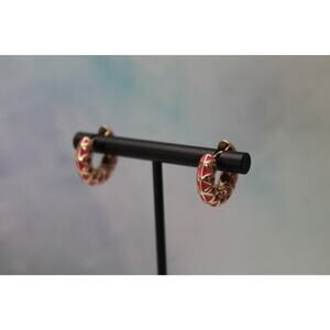 Small Huggie Gold Tone Earrings with Bright Pink Enamel E142